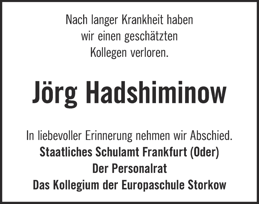  Traueranzeige für Jörg Hadshiminow vom 17.01.2026 aus Märkische Oderzeitung