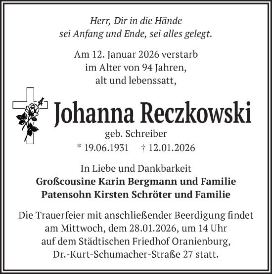 Traueranzeige von Johanna Reczkowski von Märkische Oderzeitung