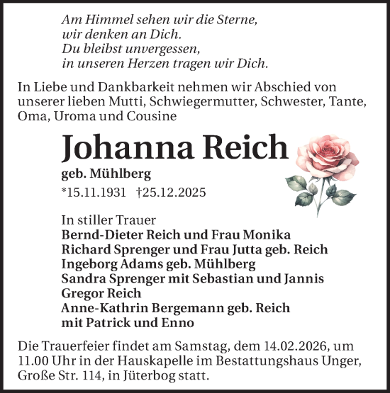Traueranzeige von Johanna Reich von Blickpunkt Jüterbog/Luckenwalde