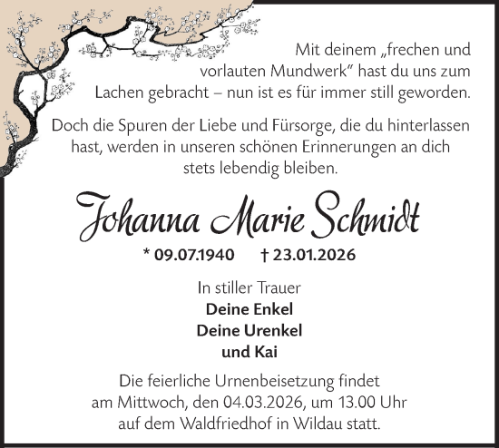 Traueranzeige von Johanna Marie Schmidt von Blickpunkt Königs Wusterhausen