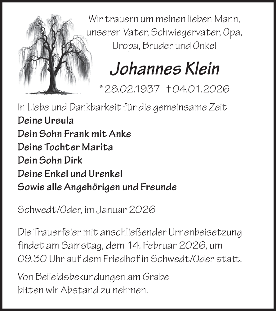  Traueranzeige für Johannes Klein vom 17.01.2026 aus MO Uckerm.-Anz.