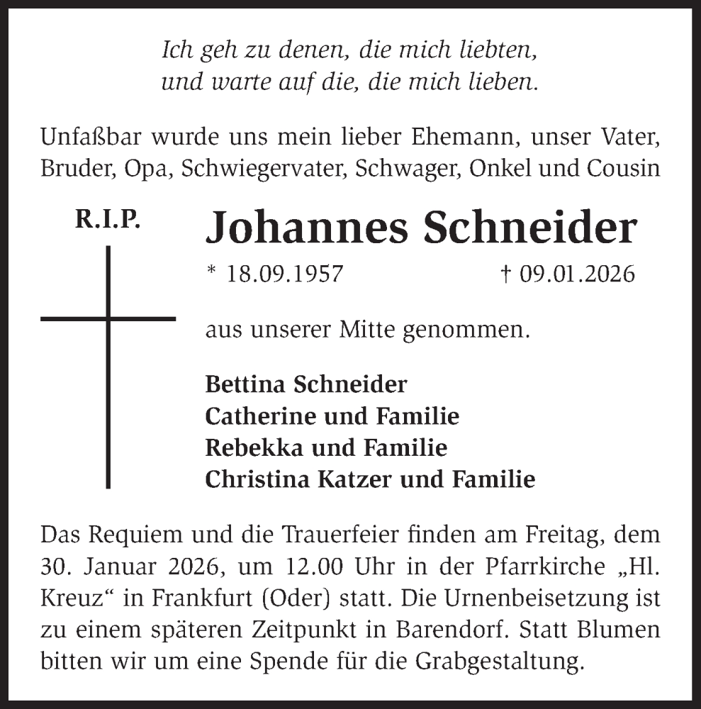  Traueranzeige für Johannes Schneider vom 24.01.2026 aus Märkische Oderzeitung