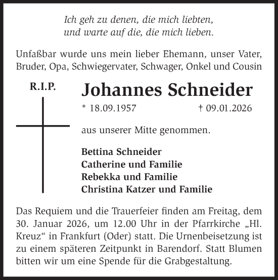 Traueranzeige von Johannes Schneider von Märkische Oderzeitung