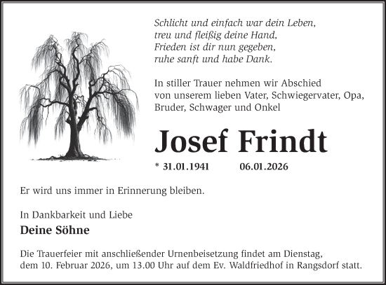 Traueranzeige von Josef Frindt von Blickpunkt Ludwigsfelde/Zossen