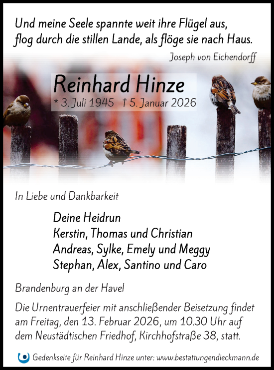 Traueranzeige von Joseph von Eichendorff von Märkische Oderzeitung