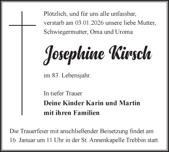 Traueranzeige von Josephine Kirsch von Blickpunkt Jüterbog/Luckenwalde