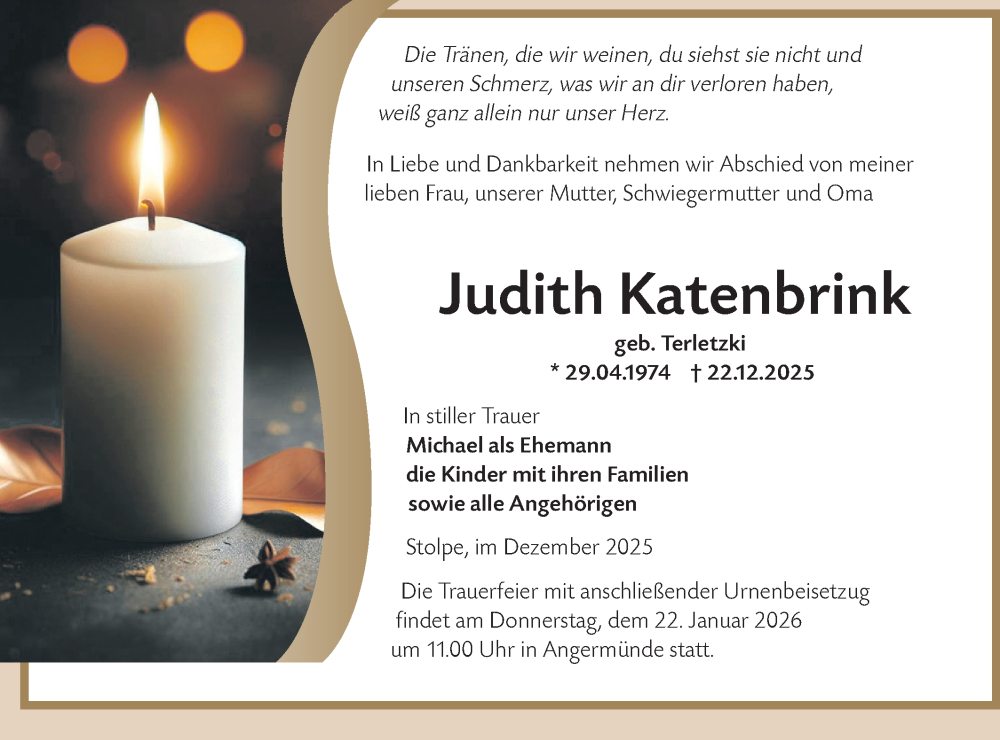 Traueranzeige für Judith Katenbrink vom 10.01.2026 aus MO Uckerm.-Anz.