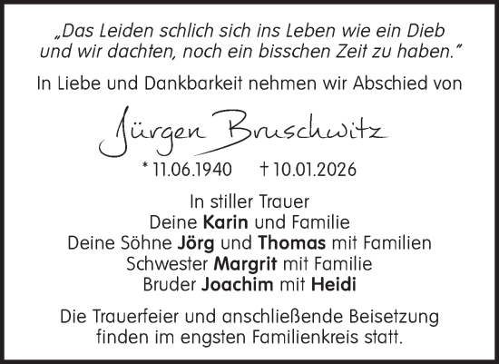 Traueranzeige von Jürgen Bruschwitz von Märkische Oderzeitung