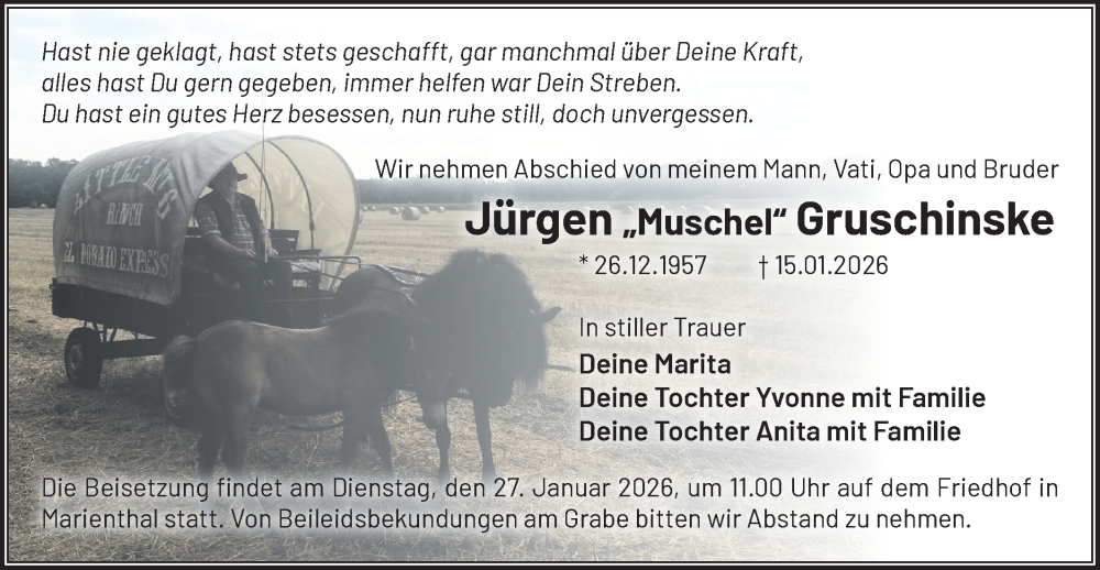  Traueranzeige für Jürgen Gruschinske vom 24.01.2026 aus Märkische Oderzeitung