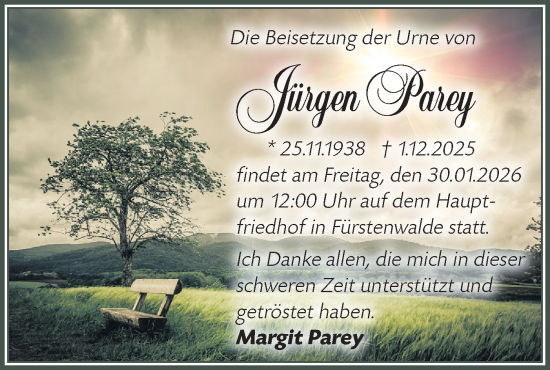 Traueranzeige von Jürgen Parey von Märkische Oderzeitung