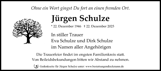 Traueranzeige von Jürgen Schulze von Märkische Oderzeitung