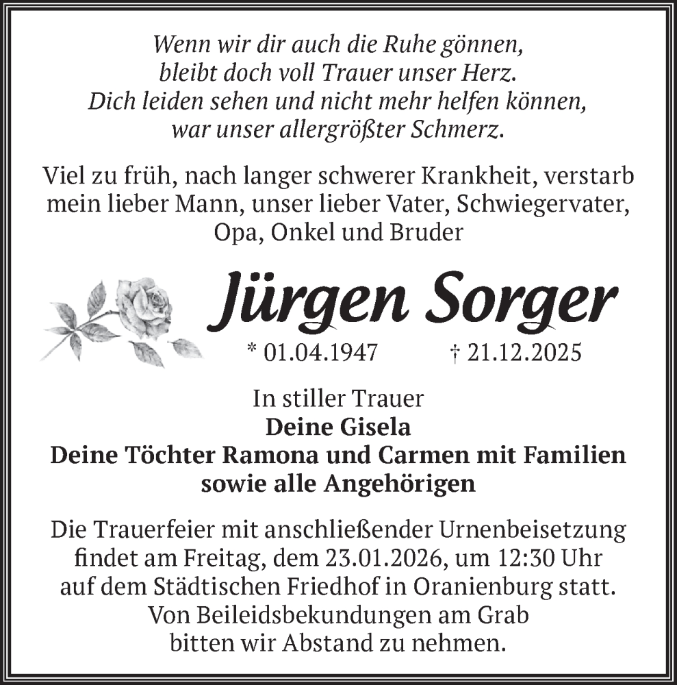  Traueranzeige für Jürgen Sorger vom 10.01.2026 aus Märkische Oderzeitung