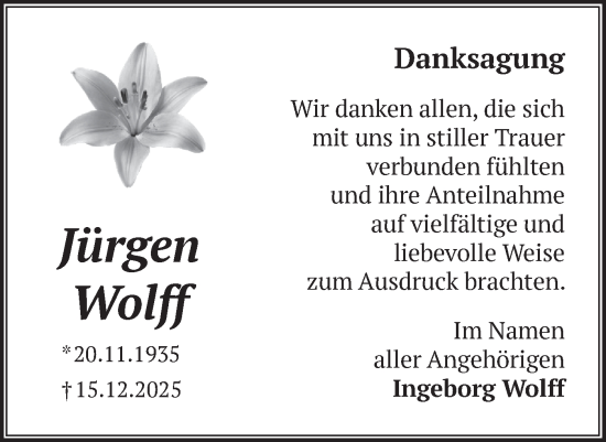 Traueranzeige von Jürgen Wolff von Märkische Oderzeitung
