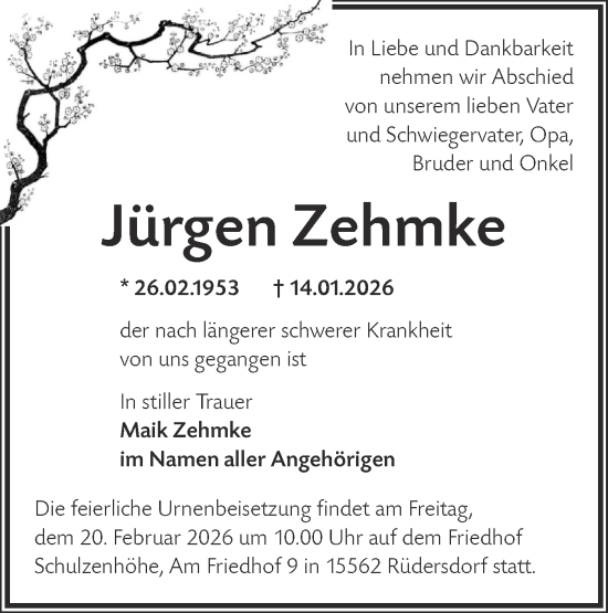 Traueranzeige von Jürgen Zehmke von Märkische Oderzeitung