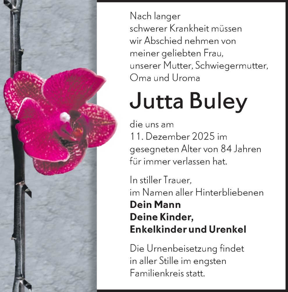  Traueranzeige für Jutta Buley vom 03.01.2026 aus Märkische Oderzeitung