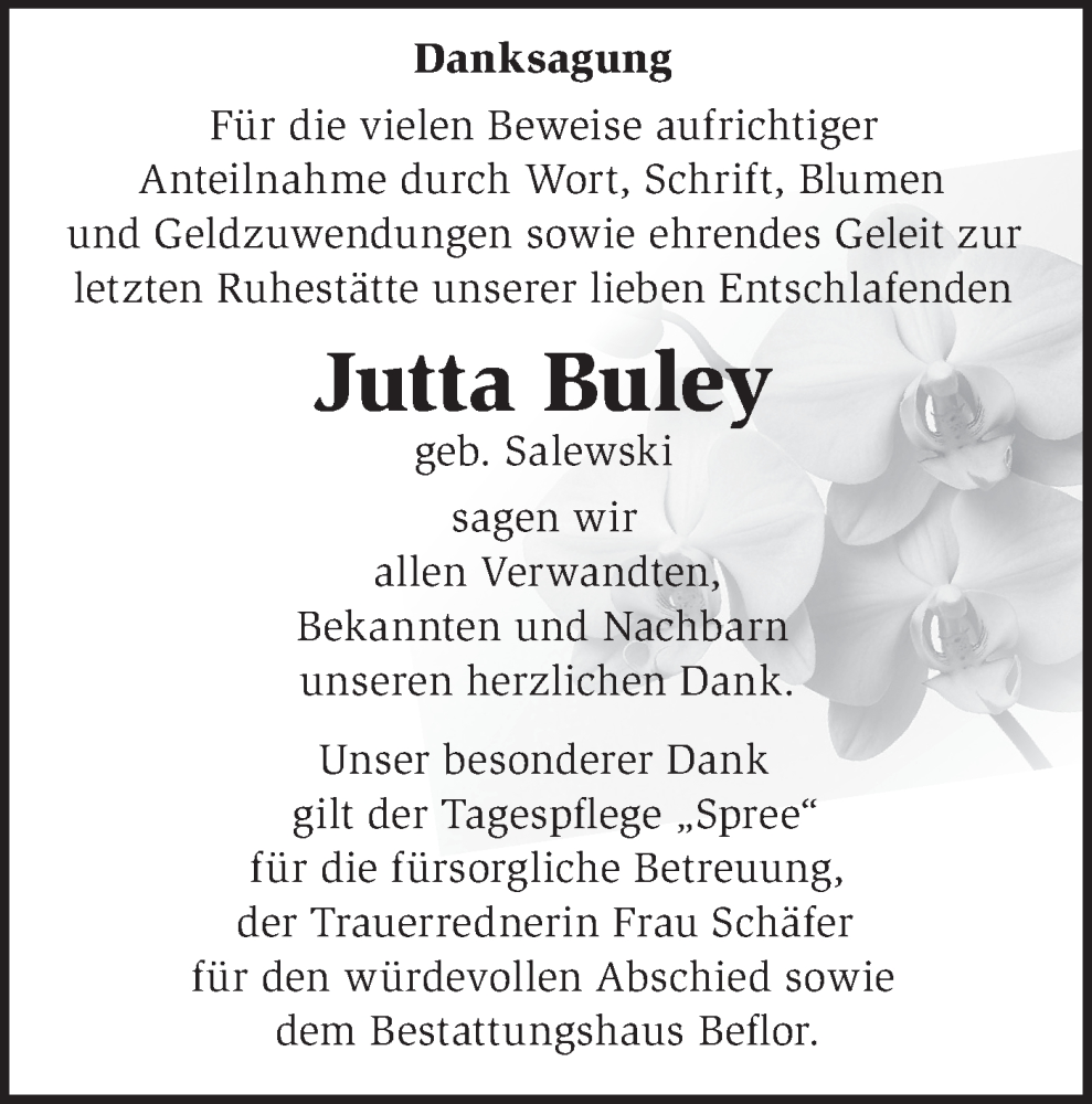 Traueranzeige für Jutta Buley vom 24.01.2026 aus Märkische Oderzeitung