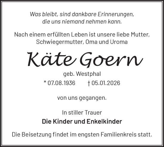 Traueranzeige von Käte Goern von Märkische Oderzeitung