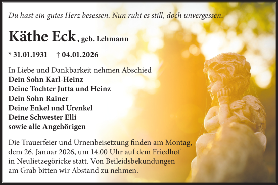 Traueranzeige von Käthe Eck von MO Oderld.-Echo