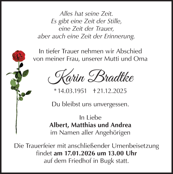 Traueranzeige von Karin Bradtke von Märkische Oderzeitung