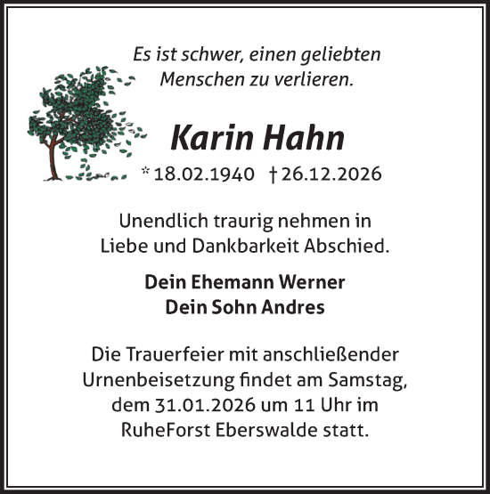 Traueranzeige von Karin Hahn von Märkische Oderzeitung