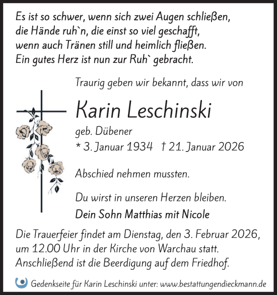 Traueranzeige von Karin Leschinski von Märkische Oderzeitung