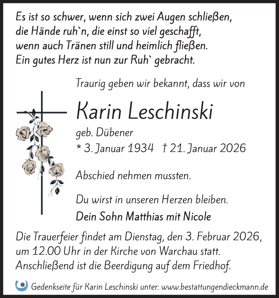  Traueranzeige für Karin Leschinski vom 31.01.2026 aus Märkische Oderzeitung