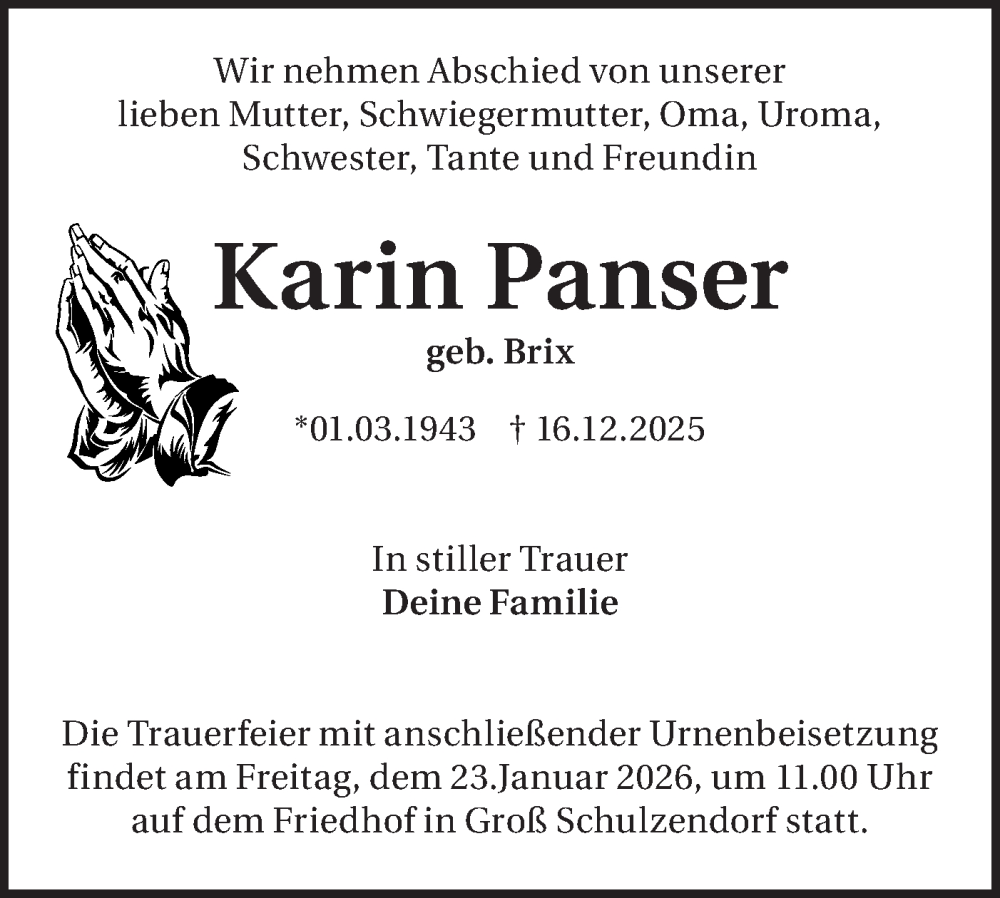  Traueranzeige für Karin Panser vom 10.01.2026 aus Blickpunkt Ludwigsfelde/Zossen