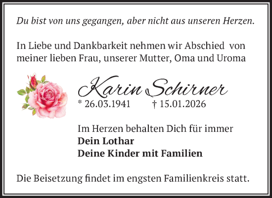 Traueranzeige von Karin Schirner von Märkische Oderzeitung