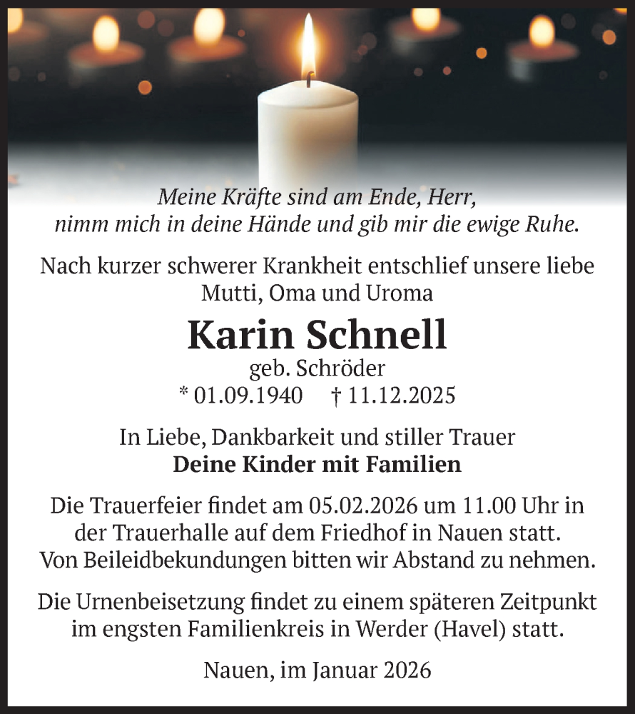  Traueranzeige für Karin Schnell vom 17.01.2026 aus Märkische Oderzeitung