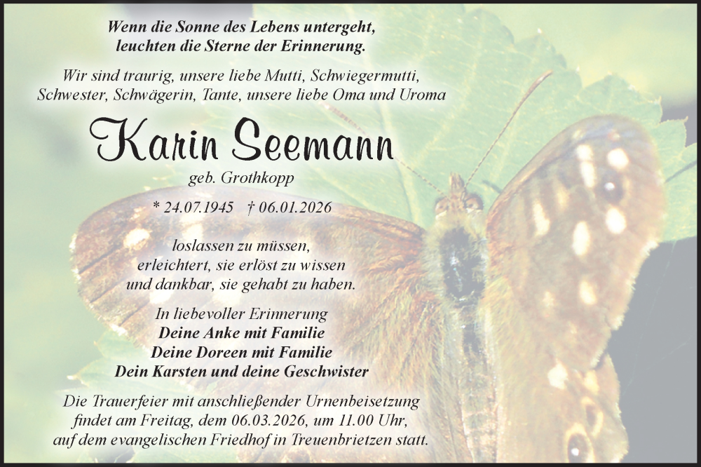  Traueranzeige für Karin Seemann vom 17.01.2026 aus Blickpunkt Jüterbog/Luckenwalde