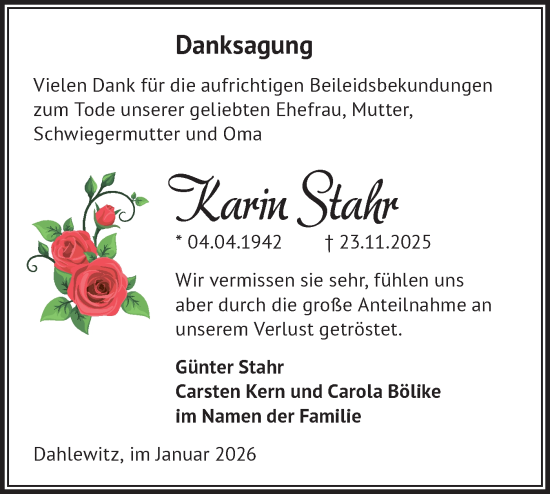 Traueranzeige von Karin Stahr von Blickpunkt Ludwigsfelde/Zossen