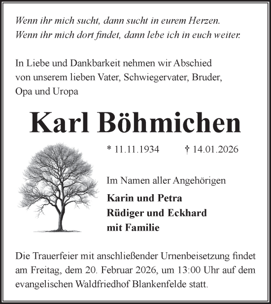 Traueranzeige von Karl Böhmichen von Blickpunkt Ludwigsfelde/Zossen