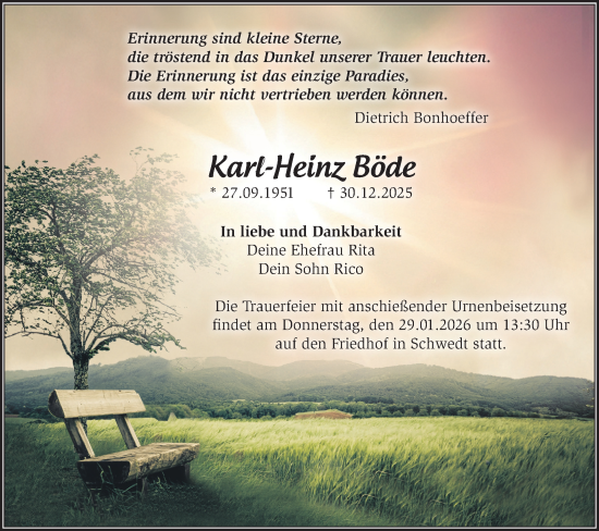 Traueranzeige von Karl-Heinz Böde von Märkische Oderzeitung