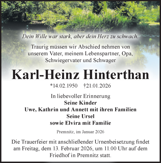 Traueranzeige von Karl-Heinz Hinterthan von Märkische Oderzeitung