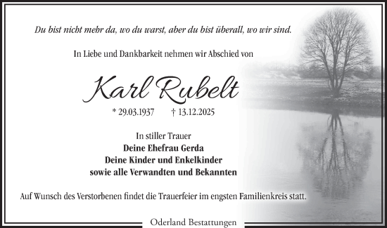 Traueranzeige von Karl Rubelt von Märkische Oderzeitung
