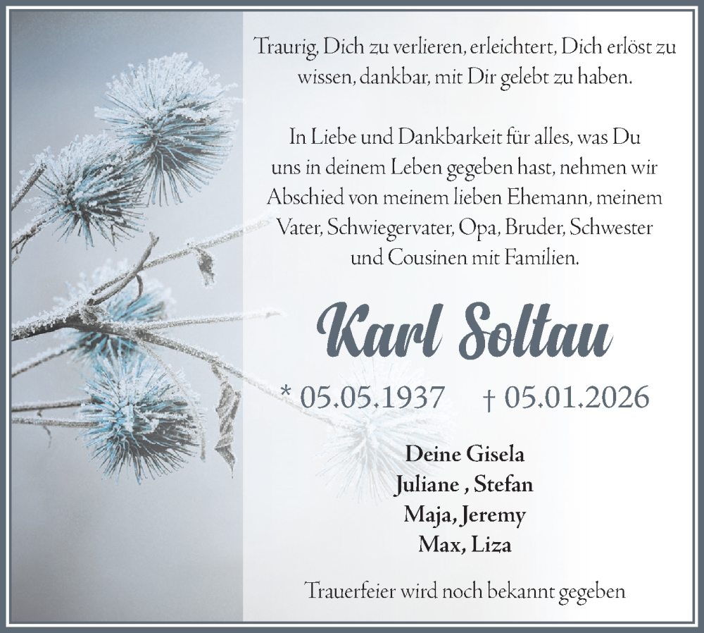  Traueranzeige für Karl Soltau vom 17.01.2026 aus Märkische Oderzeitung