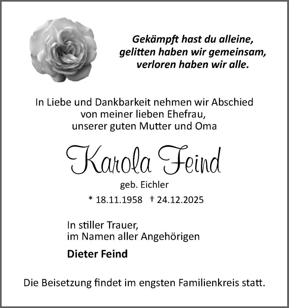  Traueranzeige für Karola Feind vom 10.01.2026 aus Märkische Oderzeitung