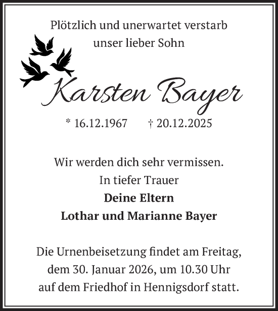 Traueranzeige von Karsten Bayer von Märkische Oderzeitung