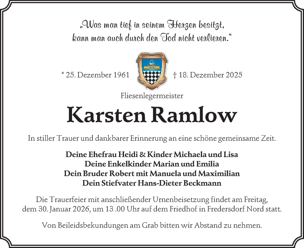  Traueranzeige für Karsten Ramlow vom 10.01.2026 aus Märkische Oderzeitung