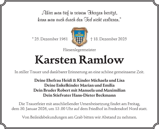 Traueranzeige von Karsten Ramlow von Märkische Oderzeitung