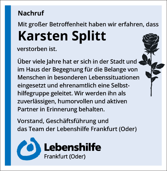 Traueranzeige von Karsten Splitt von Märkische Oderzeitung