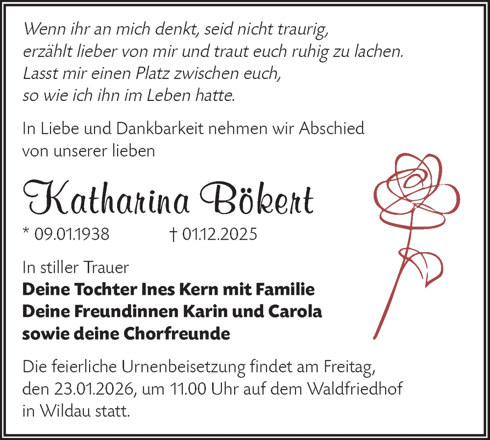  Traueranzeige für Katharina Bökert vom 03.01.2026 aus Blickpunkt Königs Wusterhausen