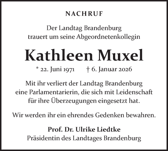 Traueranzeige von Kathleen Muxel von Märkische Oderzeitung