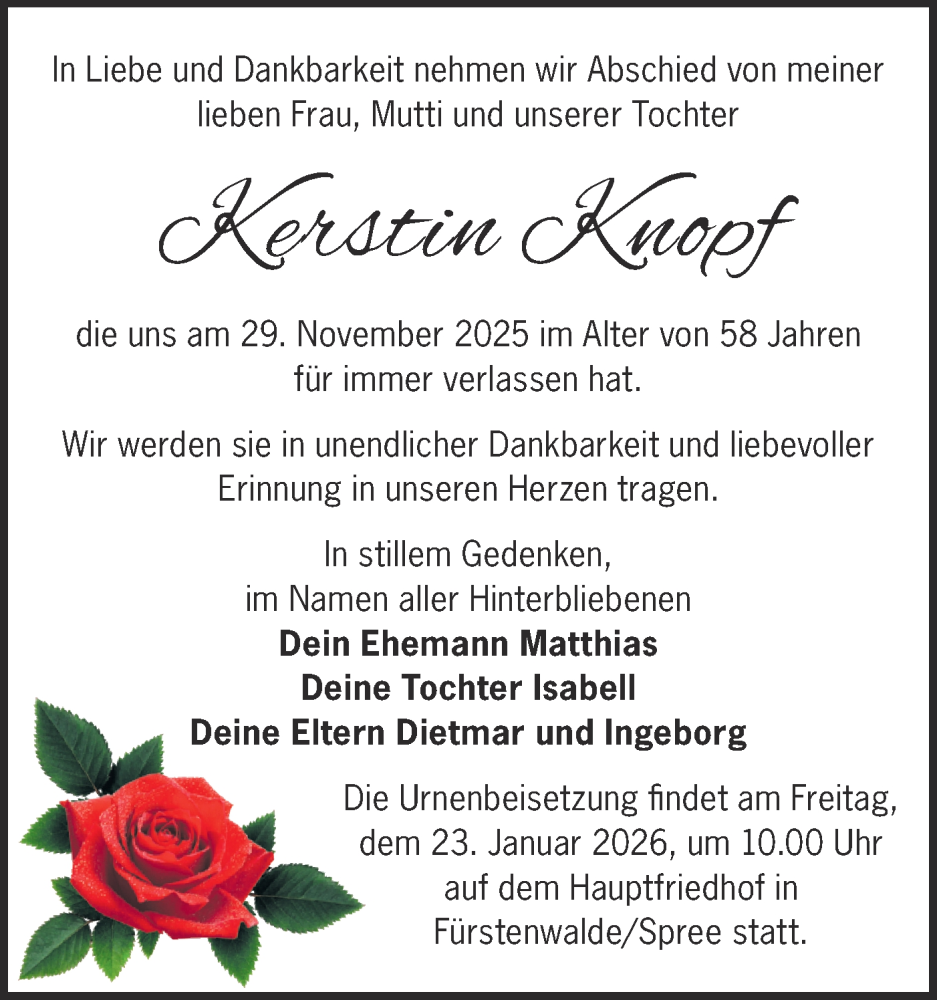  Traueranzeige für Kerstin Knopf vom 17.01.2026 aus Märkische Oderzeitung
