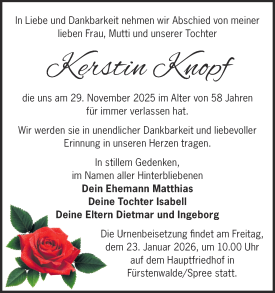 Traueranzeige von Kerstin Knopf von Märkische Oderzeitung