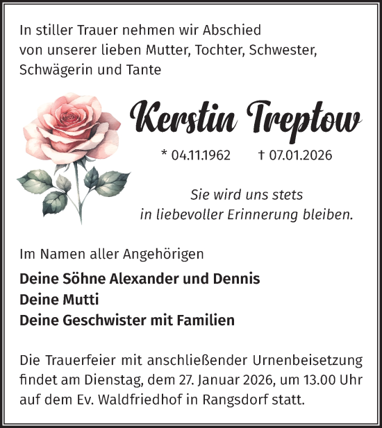 Traueranzeige von Kerstin Treptow von Blickpunkt Ludwigsfelde/Zossen
