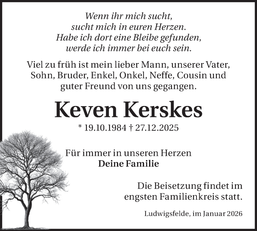  Traueranzeige für Keven Kerskes vom 10.01.2026 aus Blickpunkt Ludwigsfelde/Zossen