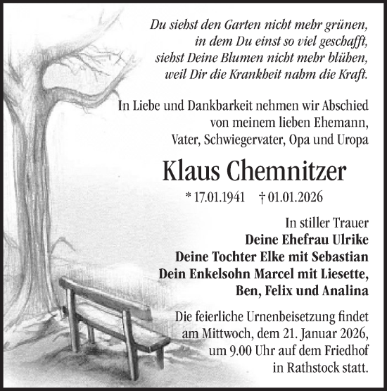 Traueranzeige von Klaus Chemnitzer von Märkische Oderzeitung