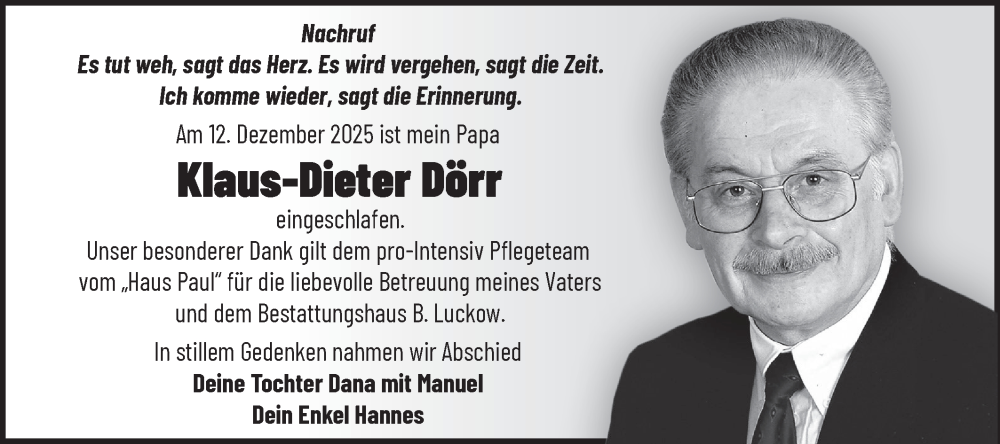  Traueranzeige für Klaus-Dieter Dörr vom 20.01.2026 aus MO Uckerm.-Anz.