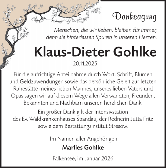 Traueranzeige von Klaus-Dieter Gohlke von Märkische Oderzeitung